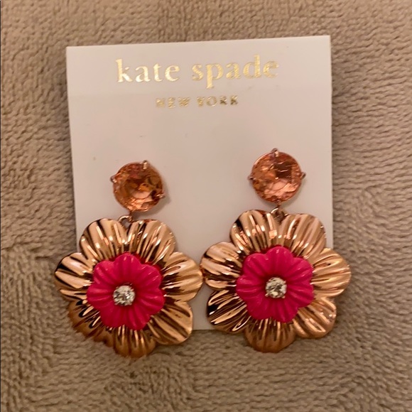 New Gold & Pink Kate Spade Dangle Flower Earrings - Picture 1 of 6